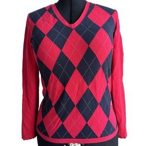 Tommy Hilfiger Women's Red Argyle Pattern V-Neck Sweater, Medium M